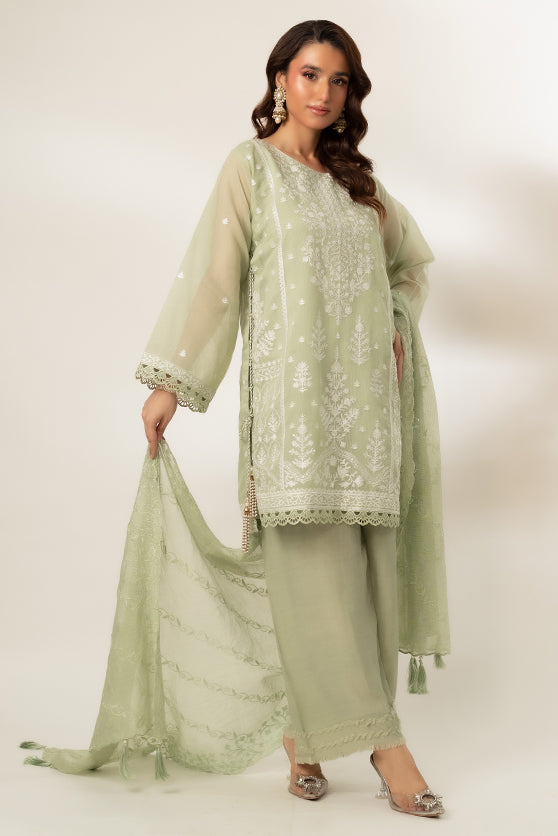 Pastel Green Embroidered Cotton Net Salwar Kameez (3-Piece) - Image 5