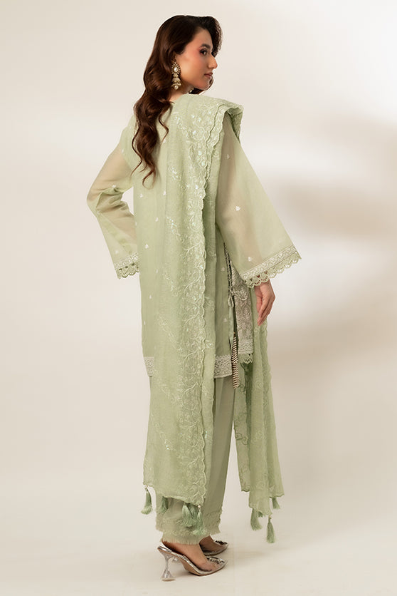 Pastel Green Embroidered Cotton Net Salwar Kameez (3-Piece) - Image 6