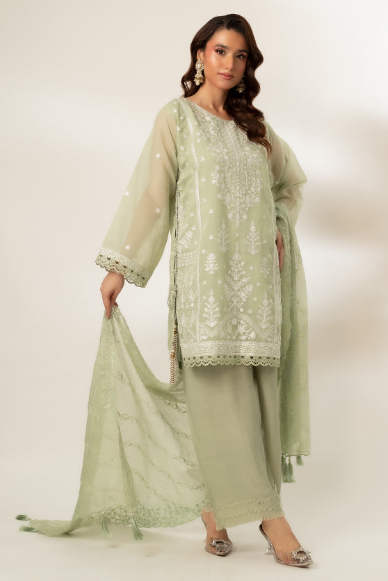 Pastel Green Embroidered Cotton Net Salwar Kameez (3-Piece) - Image 7