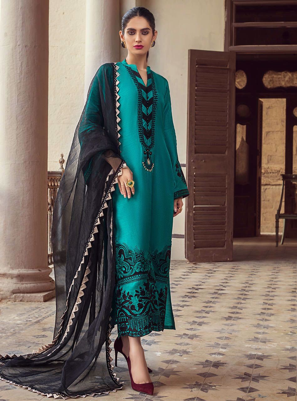 Pakistani Emerald Embroidered Cotton Silk Salwar Kameez (3-Piece) - Image 1