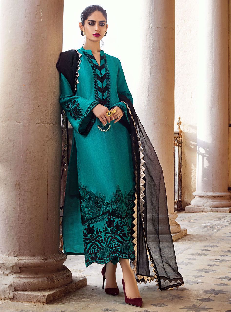 Pakistani Emerald Embroidered Cotton Silk Salwar Kameez (3-Piece) - Image 3