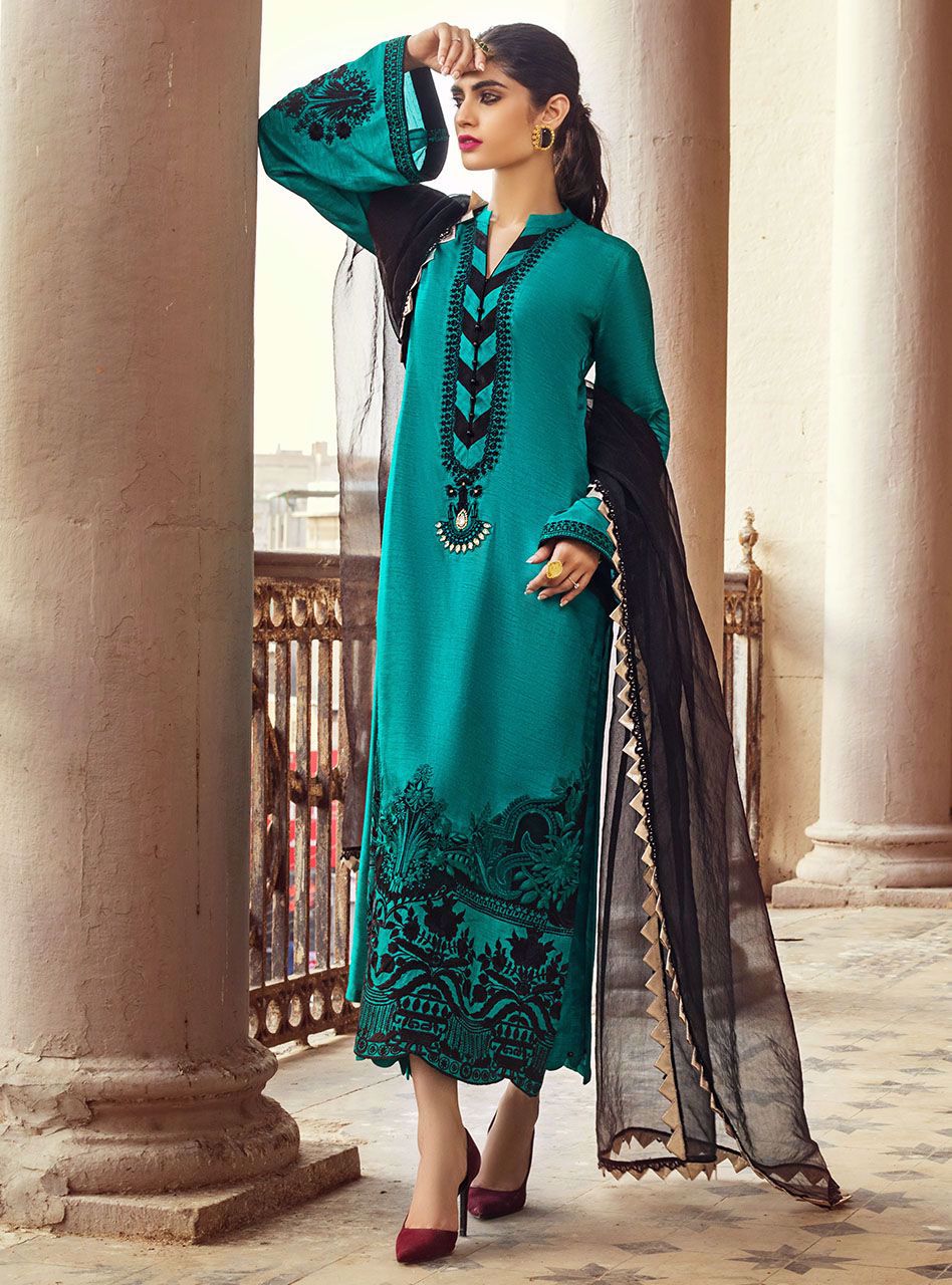 Pakistani Emerald Embroidered Cotton Silk Salwar Kameez (3-Piece) - Image 4