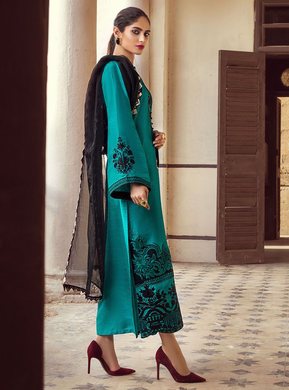 Pakistani Emerald Embroidered Cotton Silk Salwar Kameez (3-Piece) - Image 5