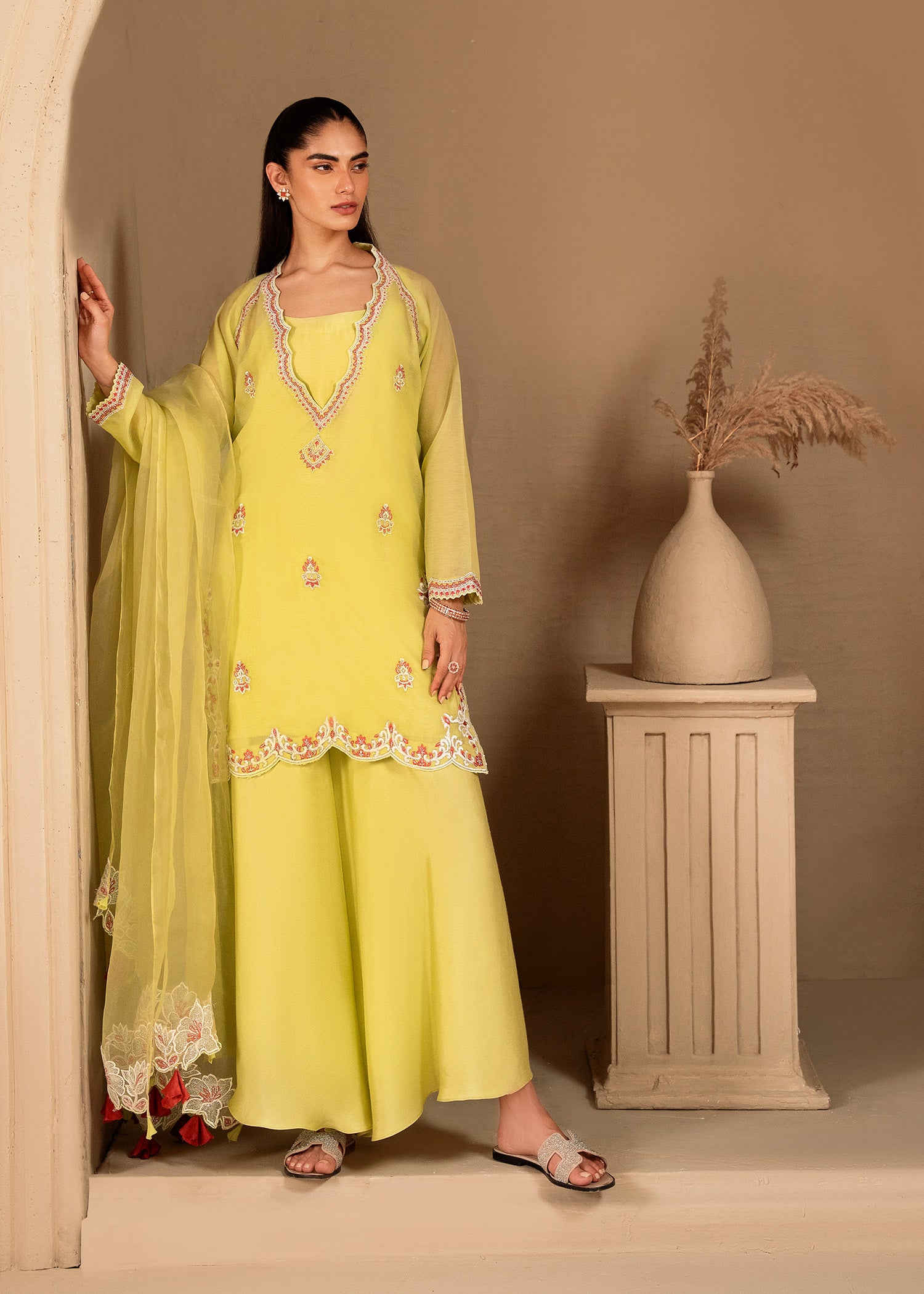 Lime Embroidered Cotton Silk Salwar Kameez (3-Piece) - Image 1
