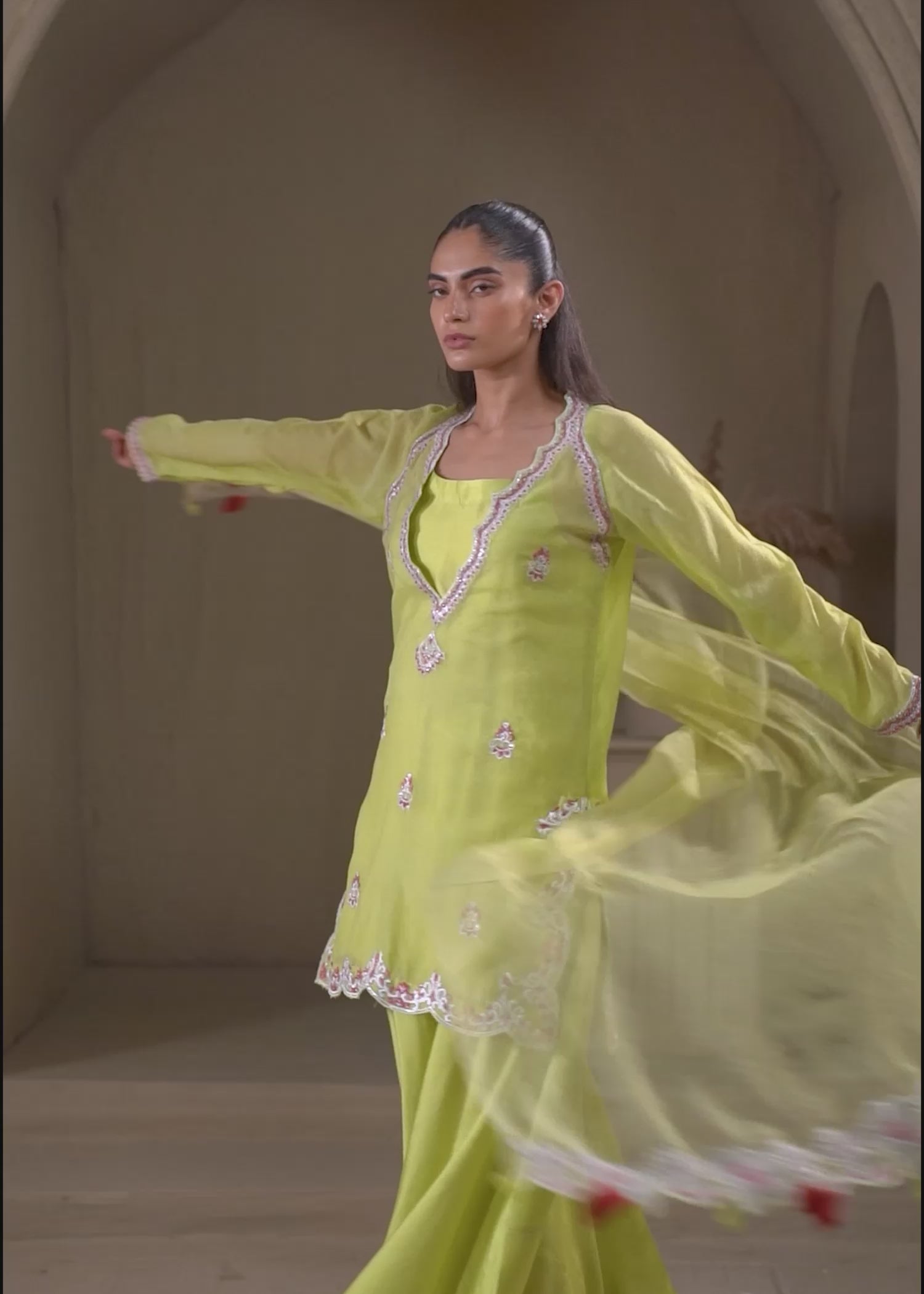 Lime Embroidered Cotton Silk Salwar Kameez (3-Piece) - Image 10