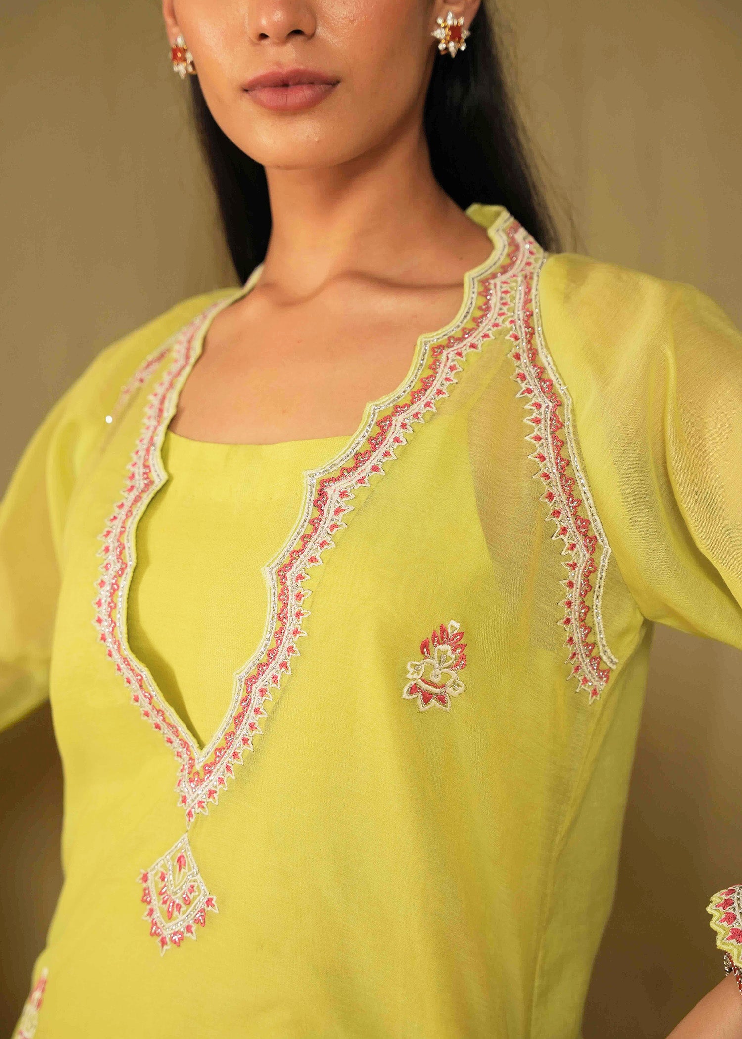 Lime Embroidered Cotton Silk Salwar Kameez (3-Piece) - Image 2