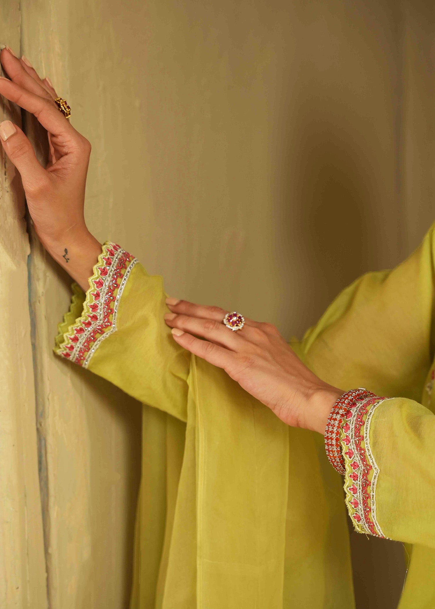 Lime Embroidered Cotton Silk Salwar Kameez (3-Piece) - Image 3