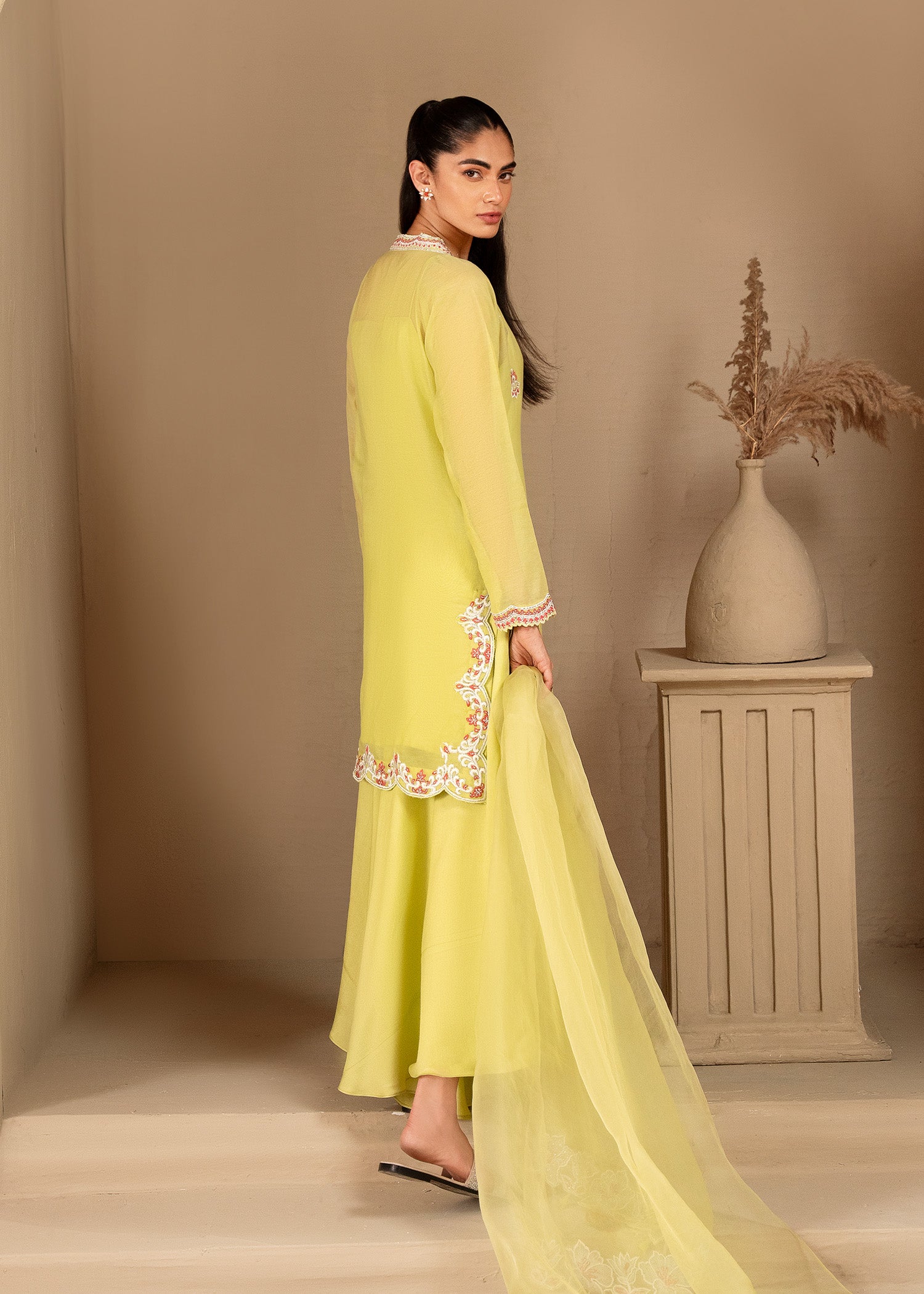 Lime Embroidered Cotton Silk Salwar Kameez (3-Piece) - Image 5