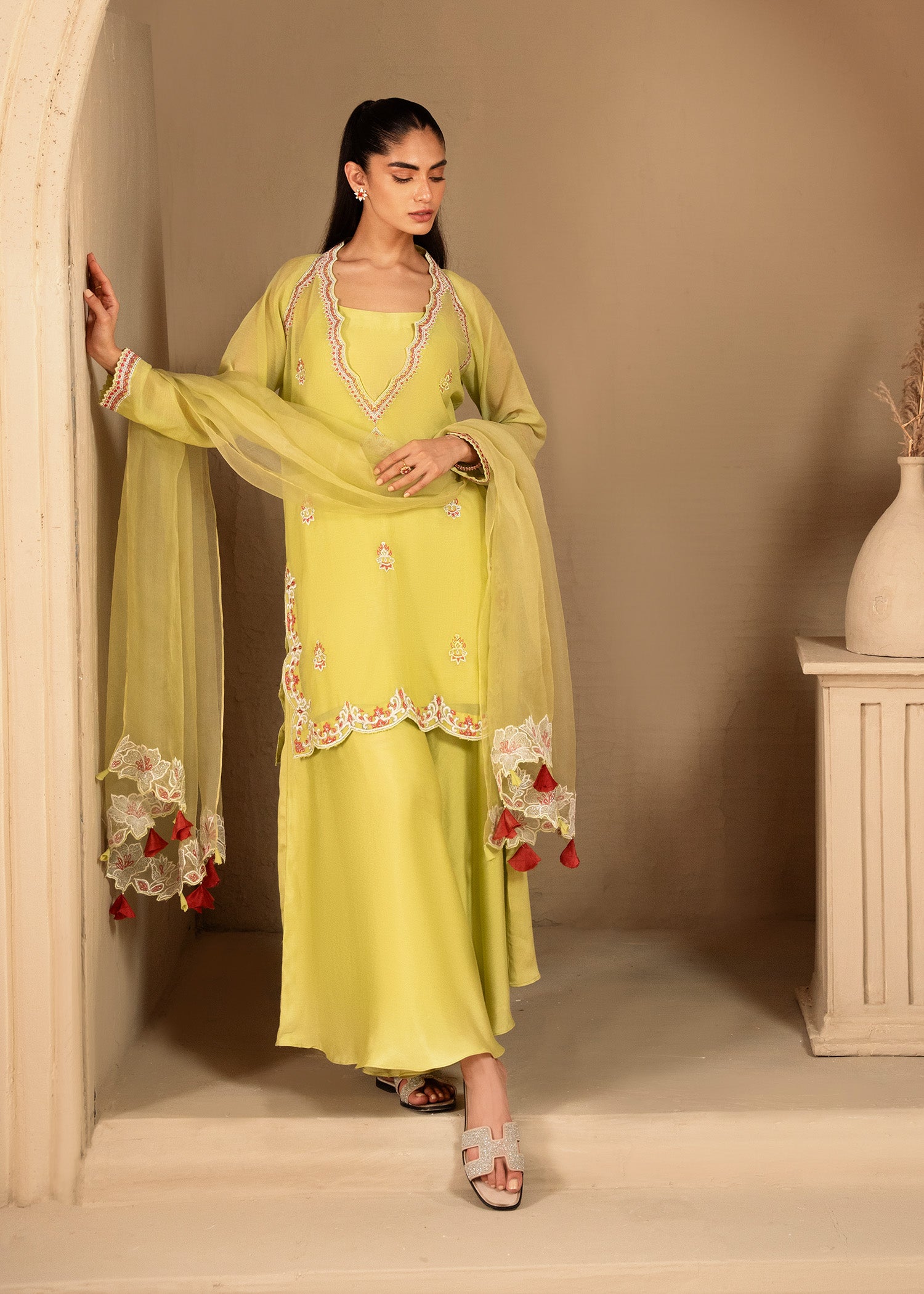 Lime Embroidered Cotton Silk Salwar Kameez (3-Piece) - Image 7