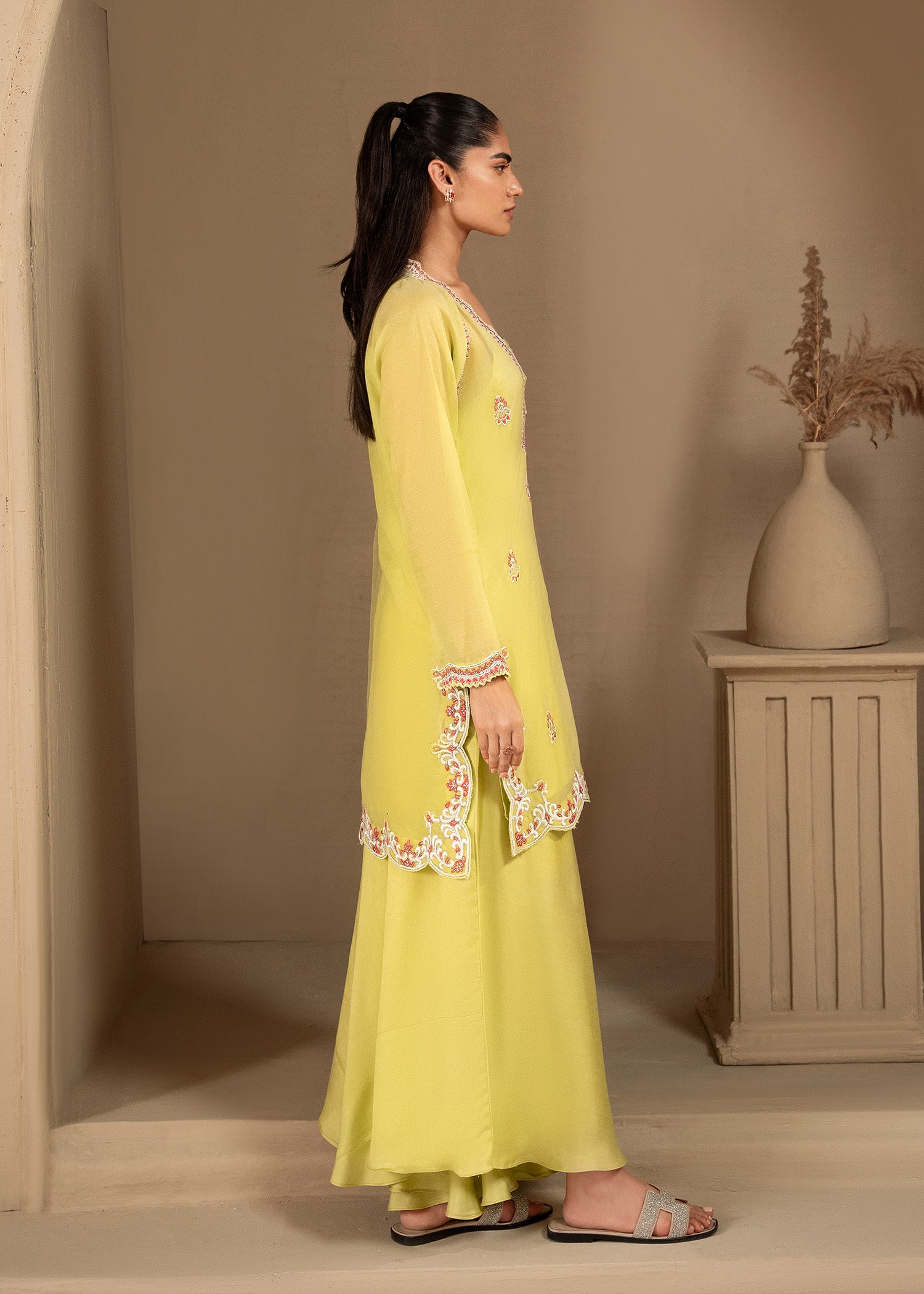 Lime Embroidered Cotton Silk Salwar Kameez (3-Piece) - Image 8