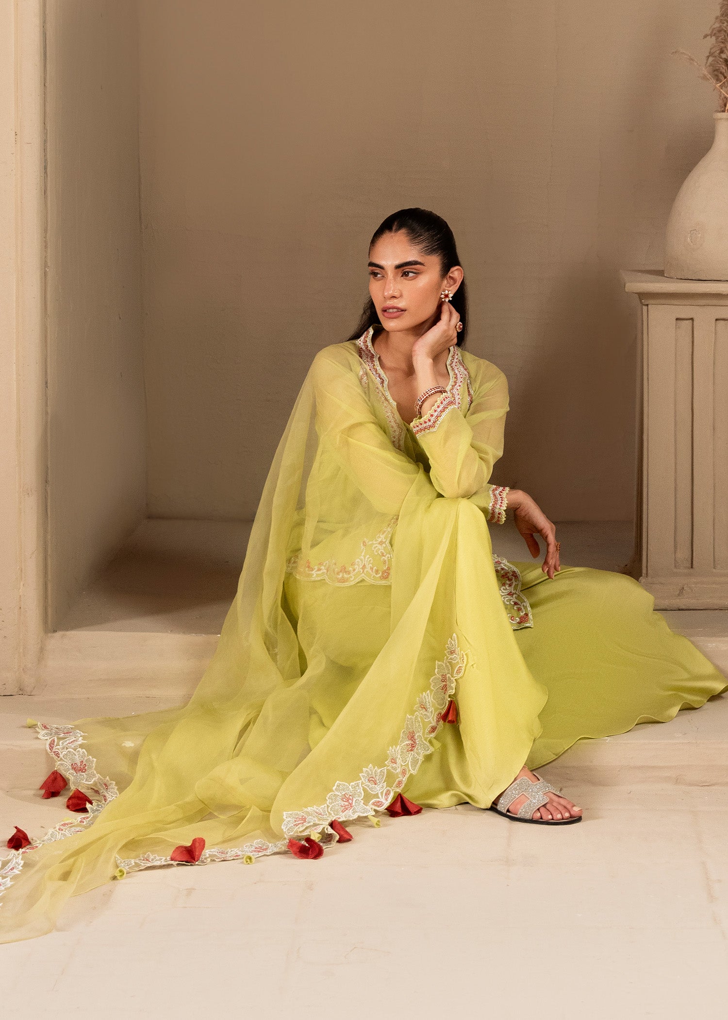 Lime Embroidered Cotton Silk Salwar Kameez (3-Piece) - Image 9