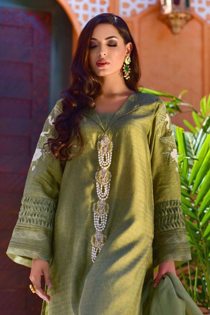 Pakistani Olive Embroidered Cotton Silk Salwar Kameez (3-Piece) - Image 1