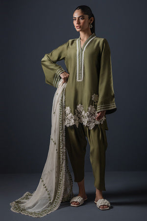 Pakistani Olive Green Floral Embroidered Cotton Silk Salwar Kameez (3-Piece) - Image 1