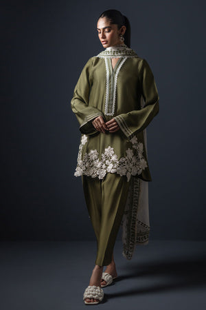 Pakistani Olive Green Floral Embroidered Cotton Silk Salwar Kameez (3-Piece) - Image 3