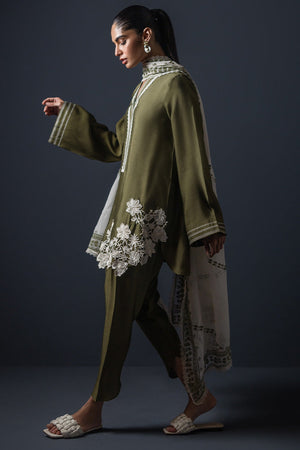 Pakistani Olive Green Floral Embroidered Cotton Silk Salwar Kameez (3-Piece) - Image 4