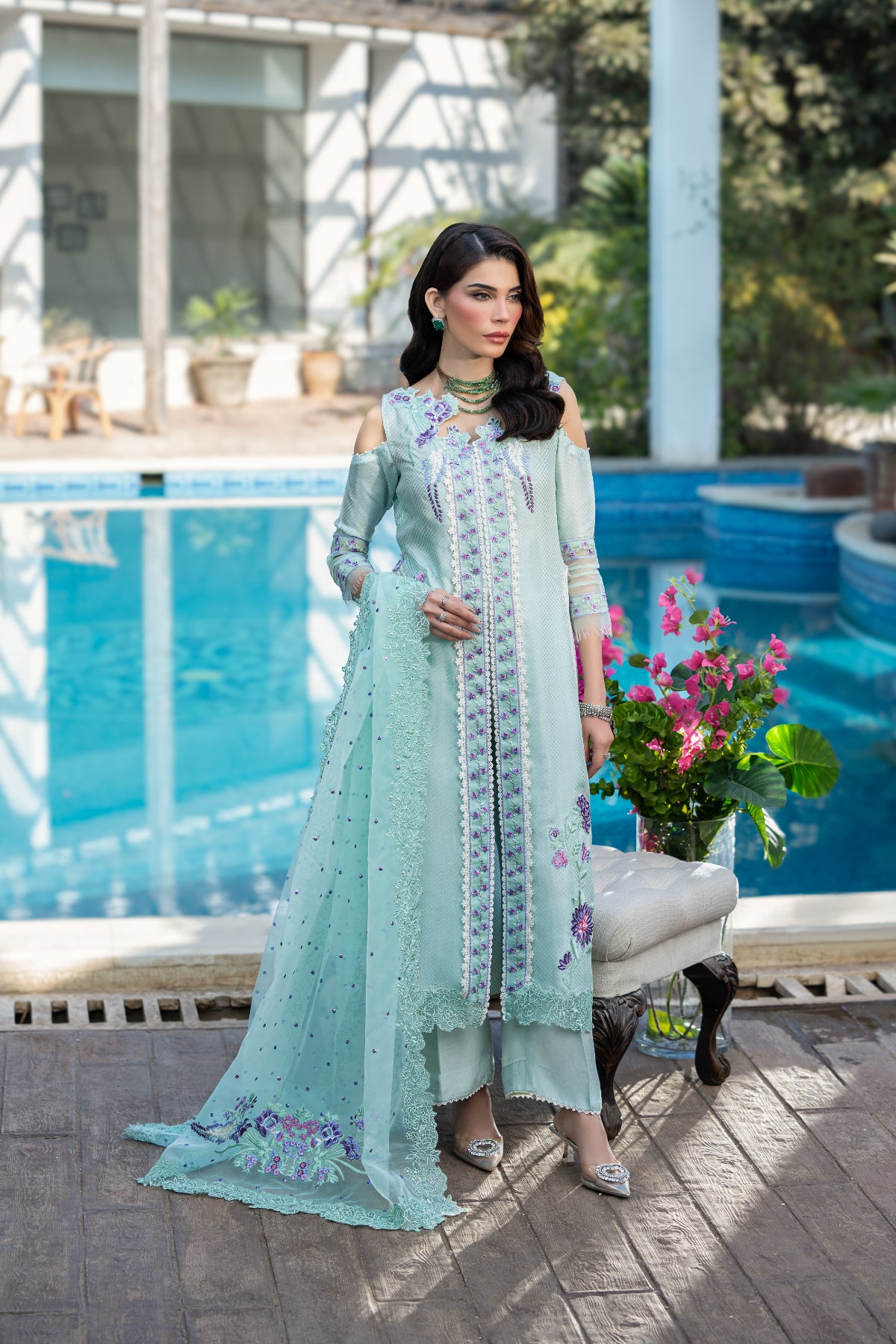 Mint Embroidered Cotton Silk Salwar Kameez (3-Piece) - Image 1