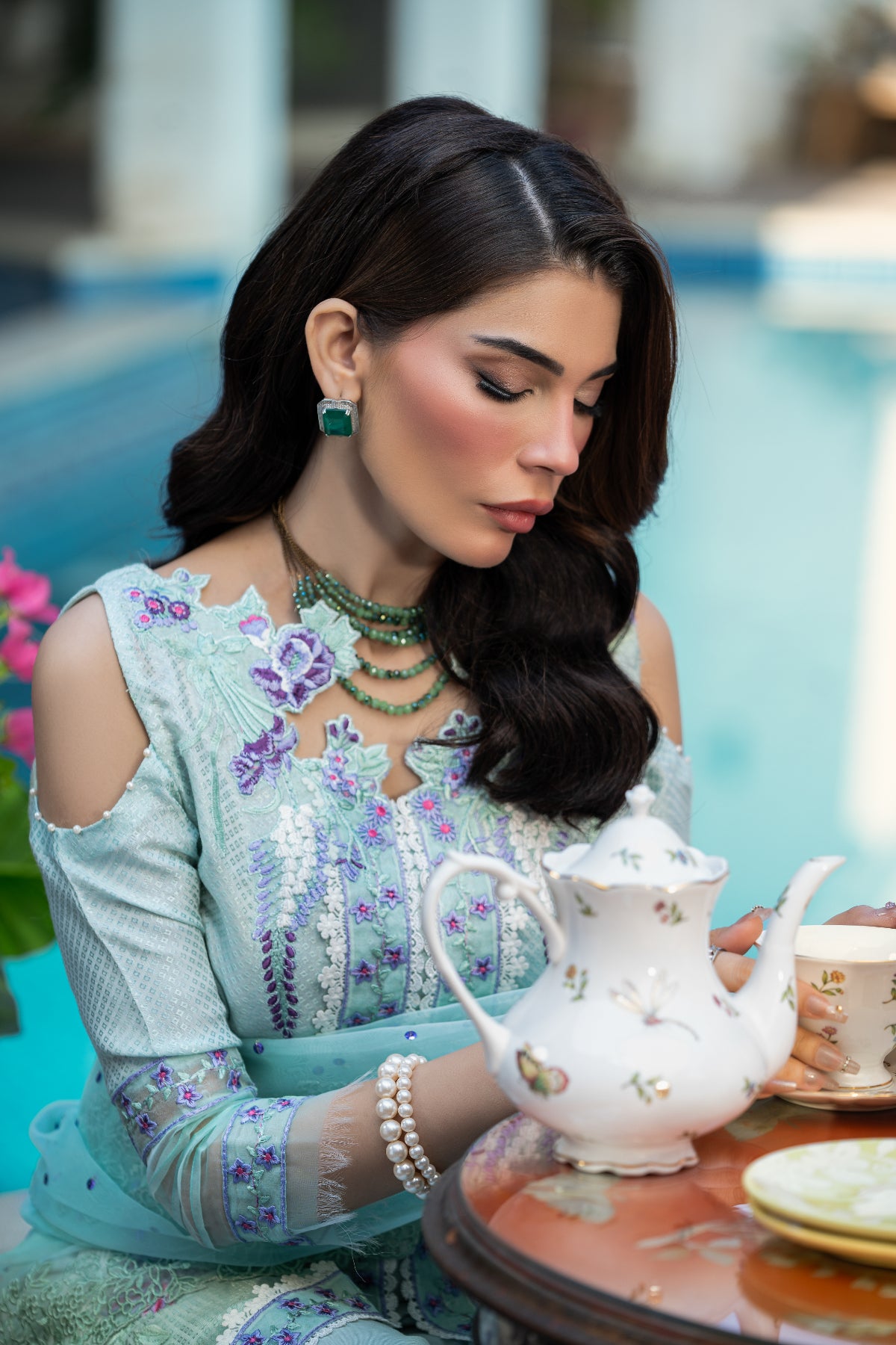 Mint Embroidered Cotton Silk Salwar Kameez (3-Piece) - Image 12