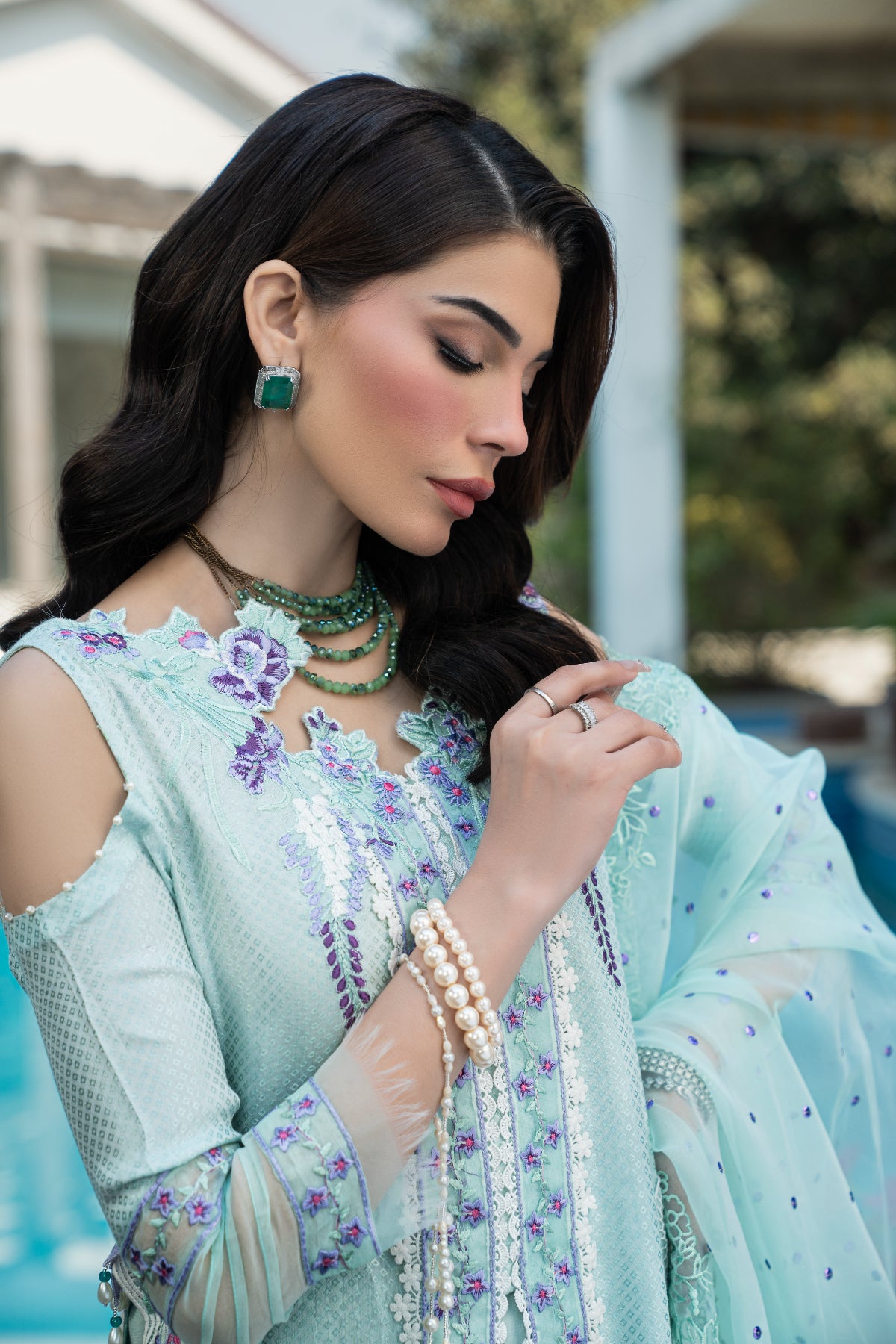 Mint Embroidered Cotton Silk Salwar Kameez (3-Piece) - Image 2