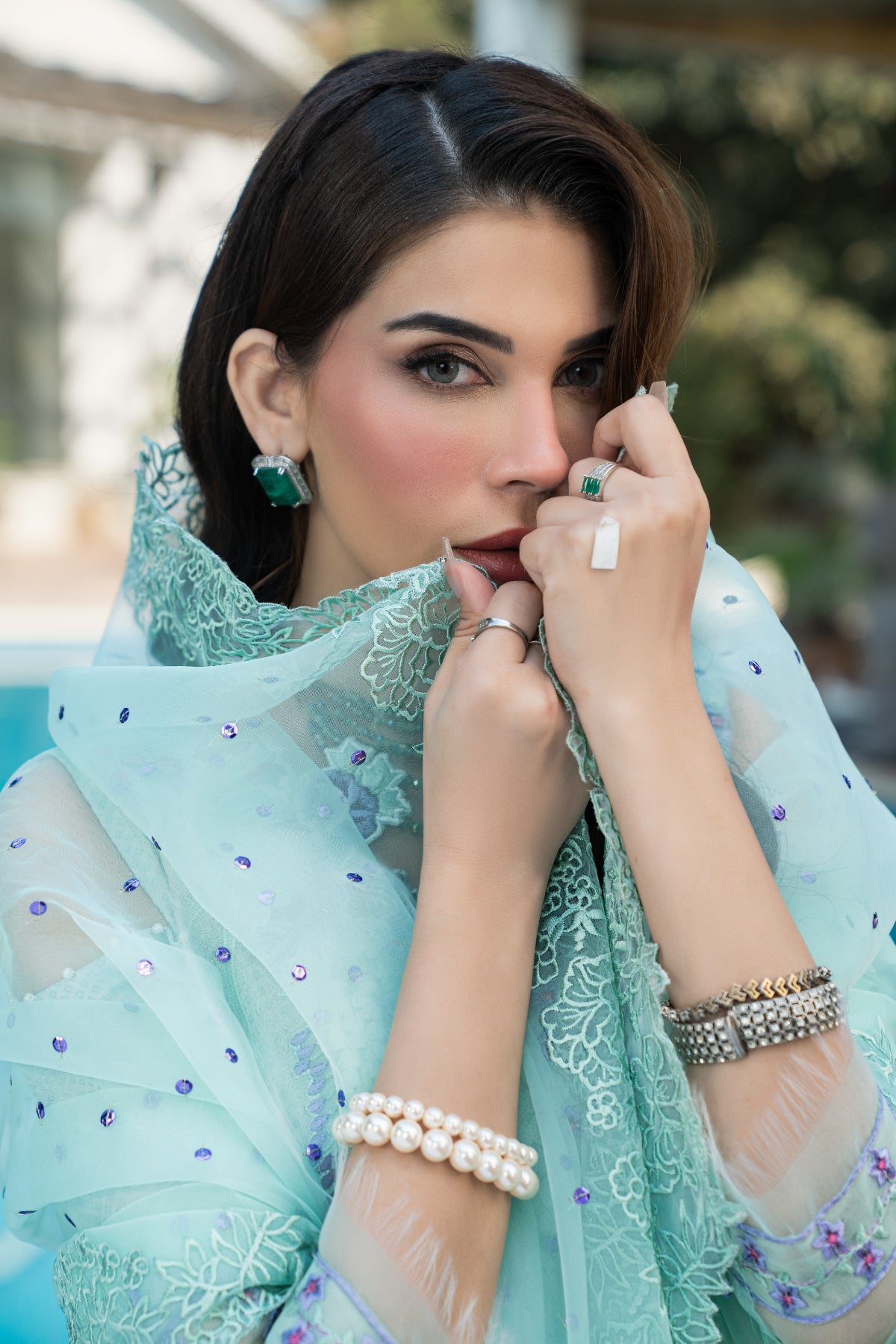 Mint Embroidered Cotton Silk Salwar Kameez (3-Piece) - Image 3