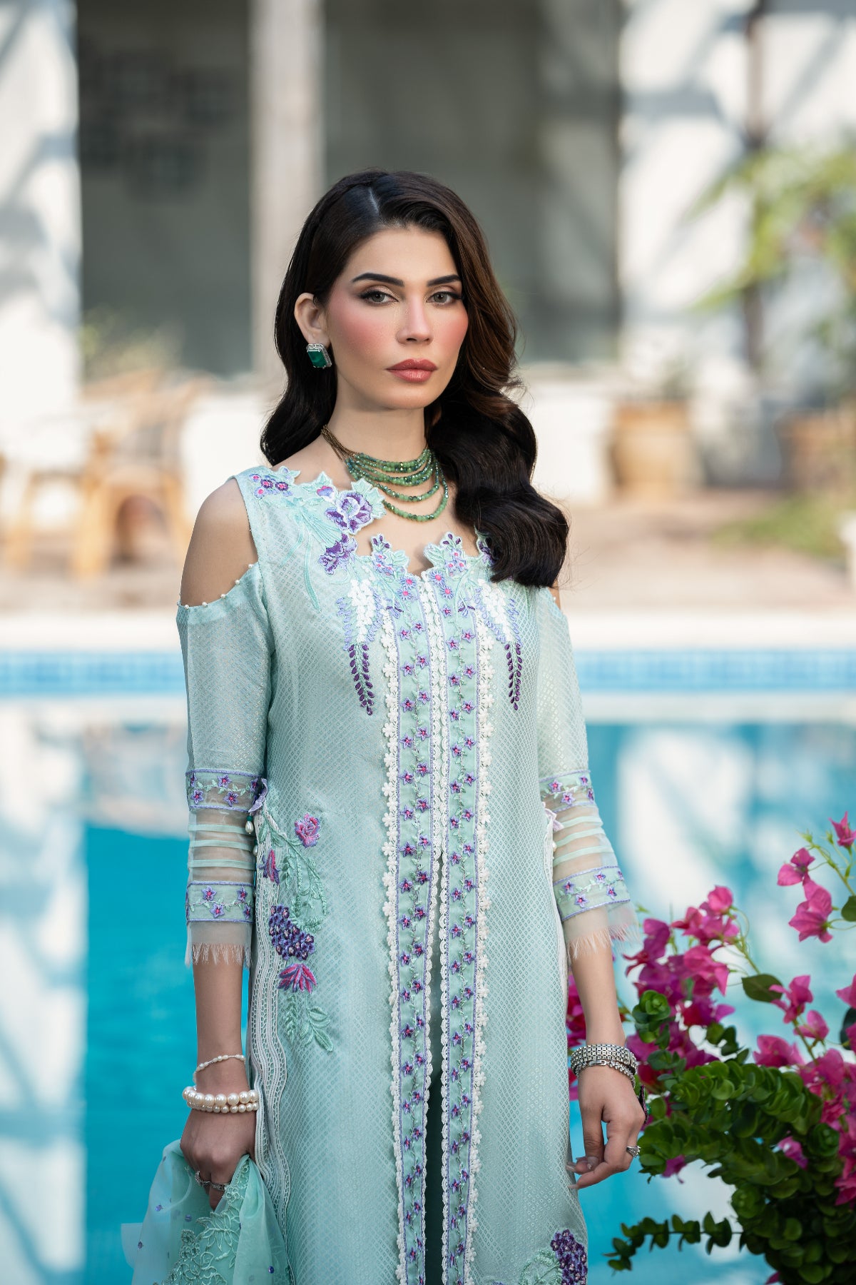 Mint Embroidered Cotton Silk Salwar Kameez (3-Piece) - Image 4