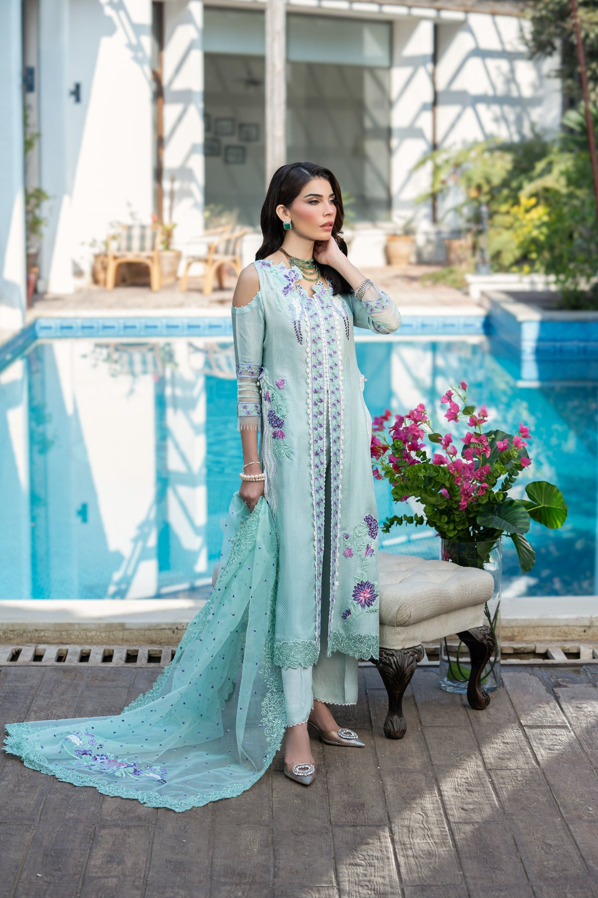 Mint Embroidered Cotton Silk Salwar Kameez (3-Piece) - Image 5