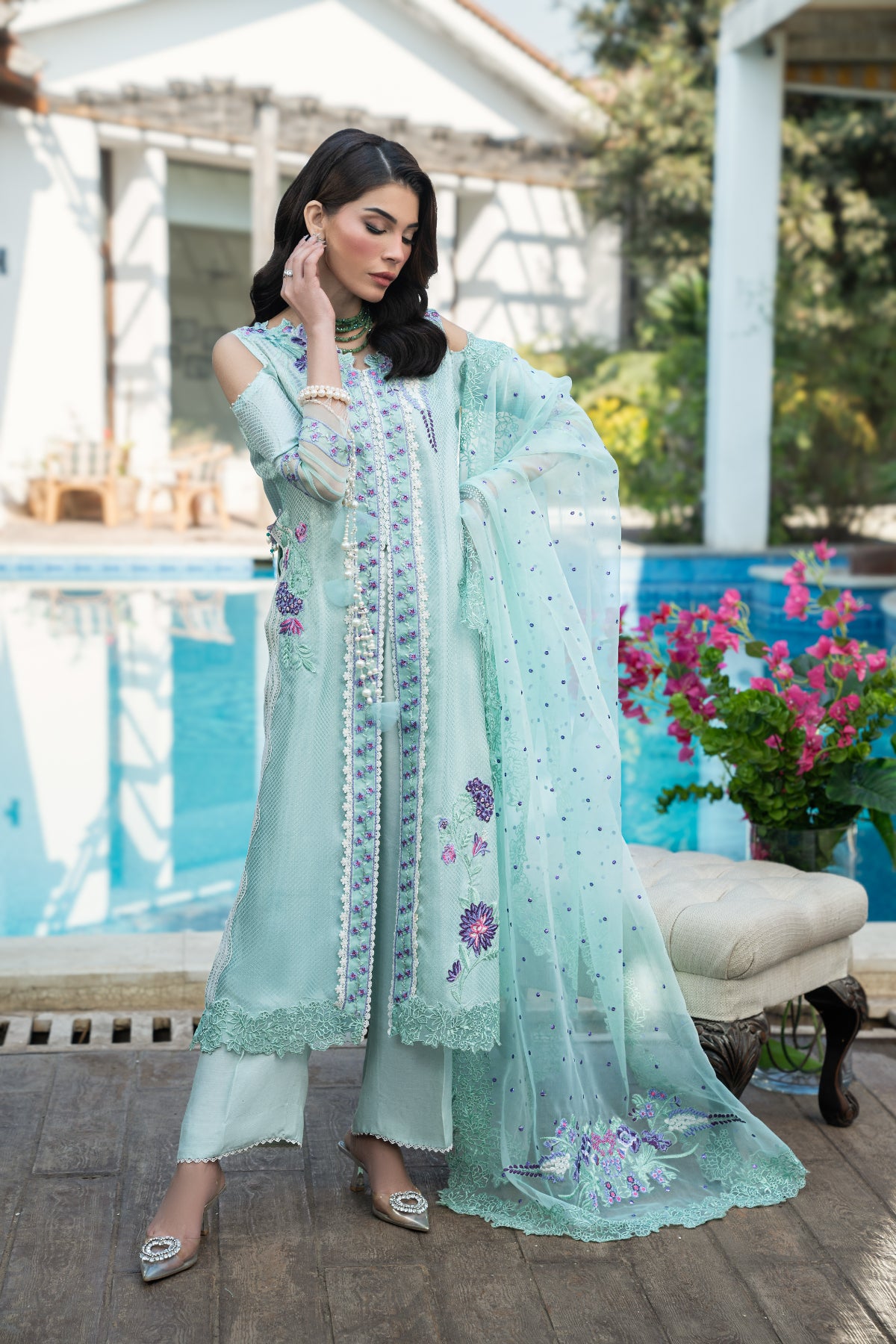 Mint Embroidered Cotton Silk Salwar Kameez (3-Piece) - Image 7