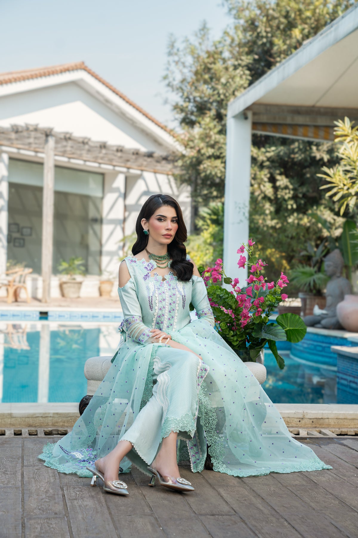 Mint Embroidered Cotton Silk Salwar Kameez (3-Piece) - Image 8