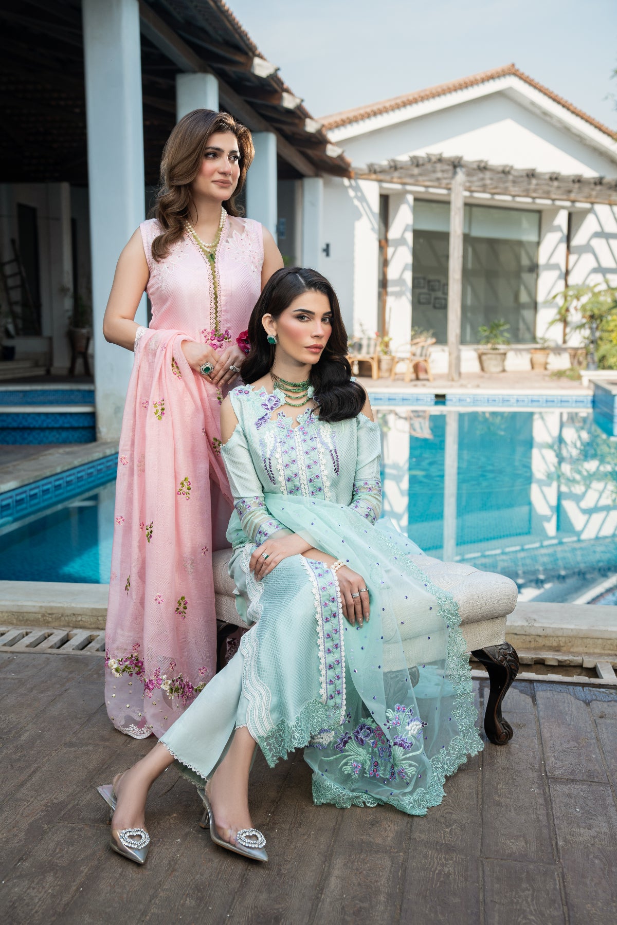 Mint Embroidered Cotton Silk Salwar Kameez (3-Piece) - Image 9