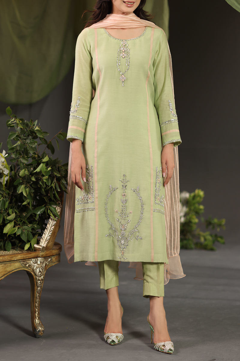 Light Green Embroidered Cotton Silk Salwar Kameez (3-Piece) - Image 1