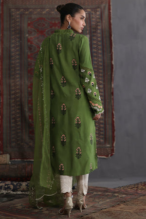 Pakistani Moss Green Embroidered Cotton Silk Salwar Kameez (3-Piece) - Image 2