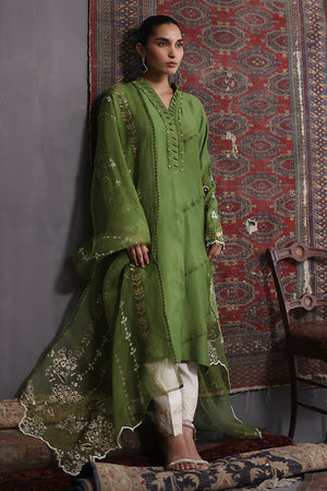 Pakistani Moss Green Embroidered Cotton Silk Salwar Kameez (3-Piece) - Image 3