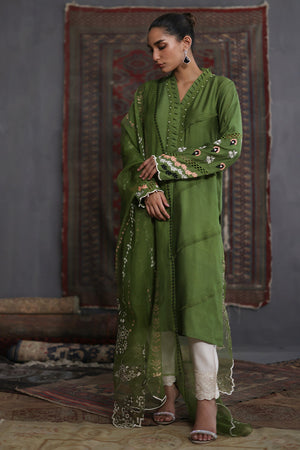 Pakistani Moss Green Embroidered Cotton Silk Salwar Kameez (3-Piece) - Image 4