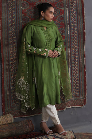 Pakistani Moss Green Embroidered Cotton Silk Salwar Kameez (3-Piece) - Image 5