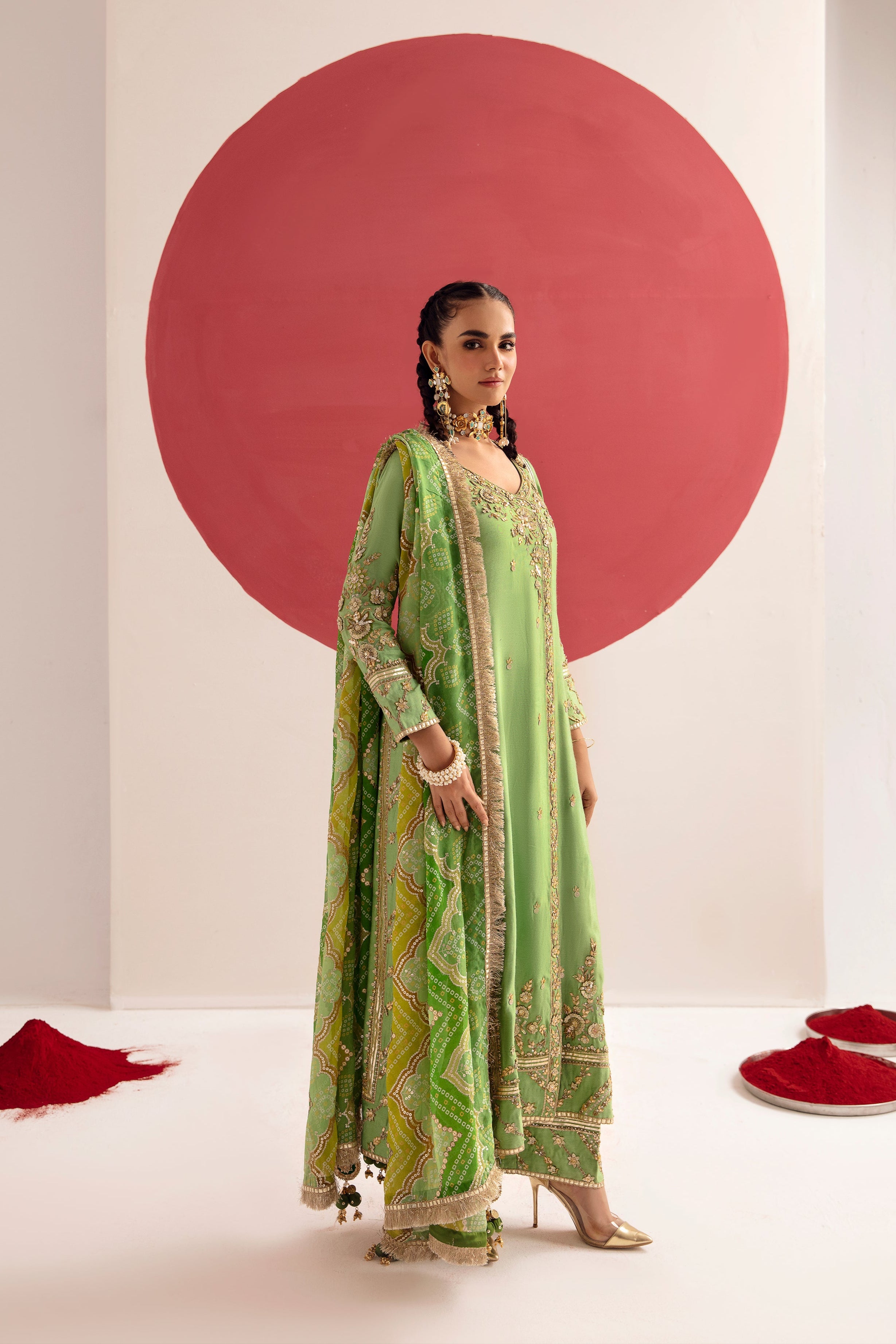 Pakistani Lime Green Zardozi Cotton Silk Salwar Kameez (3-Piece) - Image 1