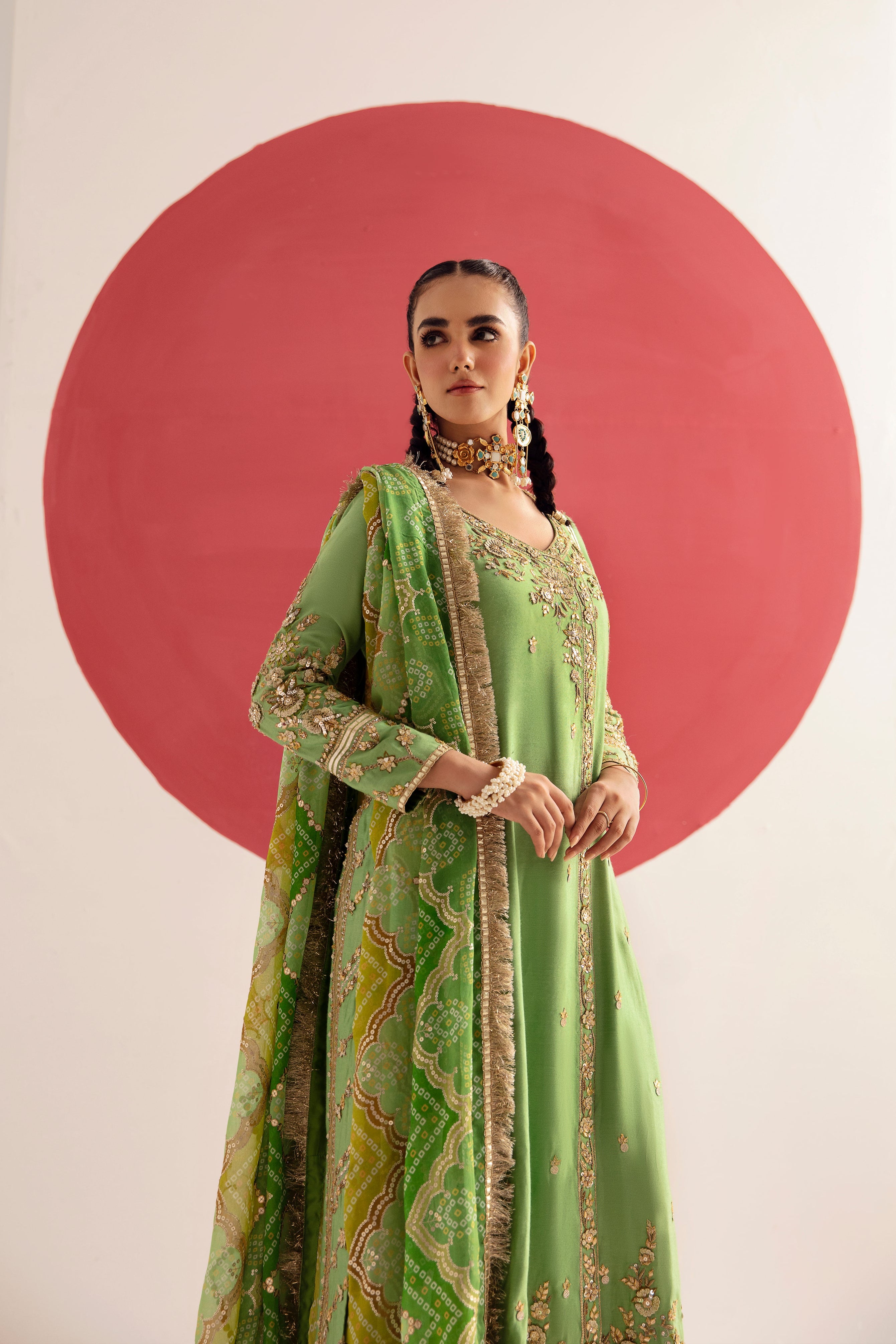 Pakistani Lime Green Zardozi Cotton Silk Salwar Kameez (3-Piece) - Image 2