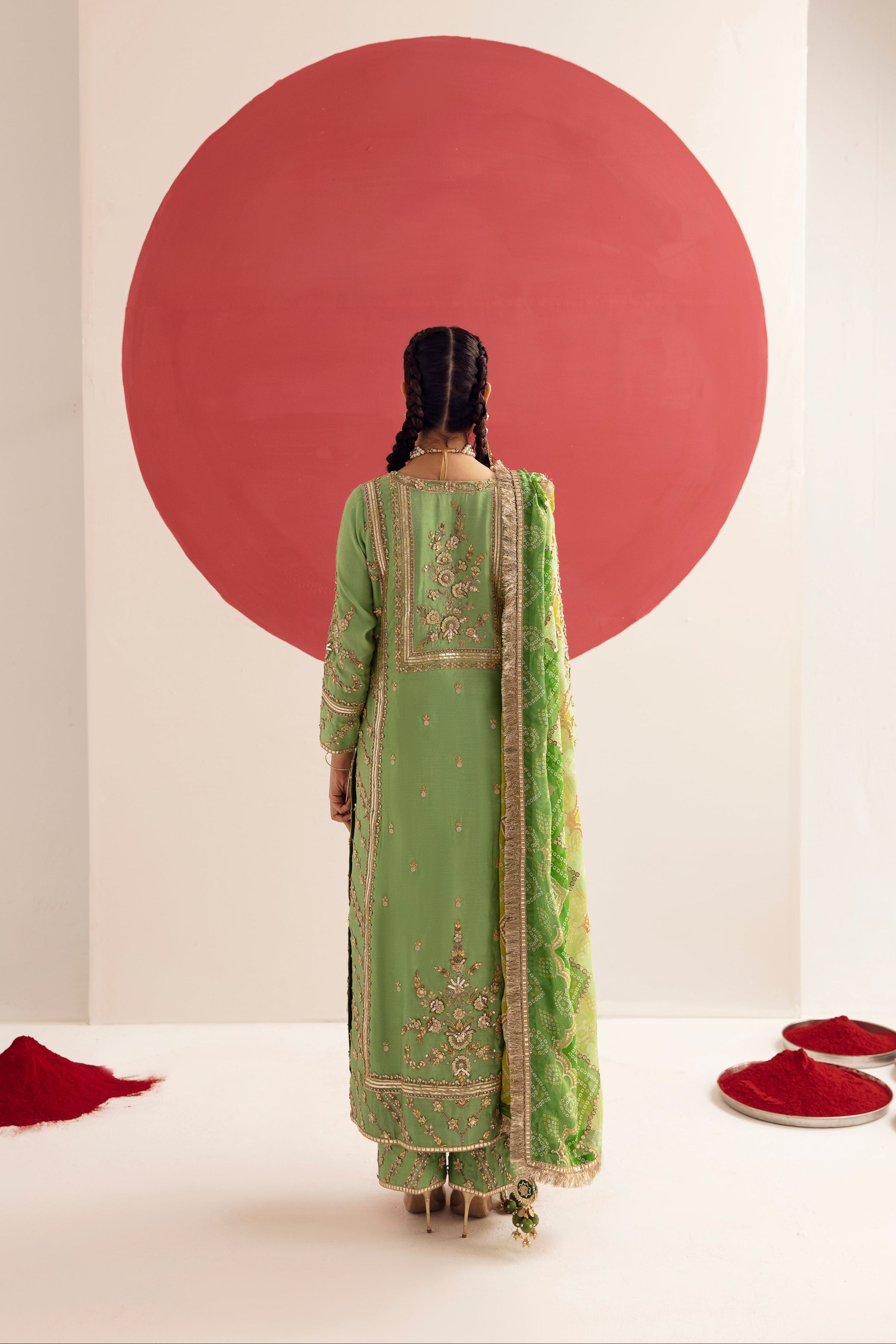 Pakistani Lime Green Zardozi Cotton Silk Salwar Kameez (3-Piece) - Image 3