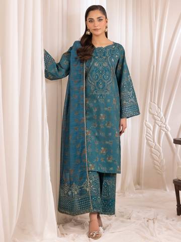 Pakistani Teal Embroidered Cotton Salwar Kameez (3-Piece) - Image 1