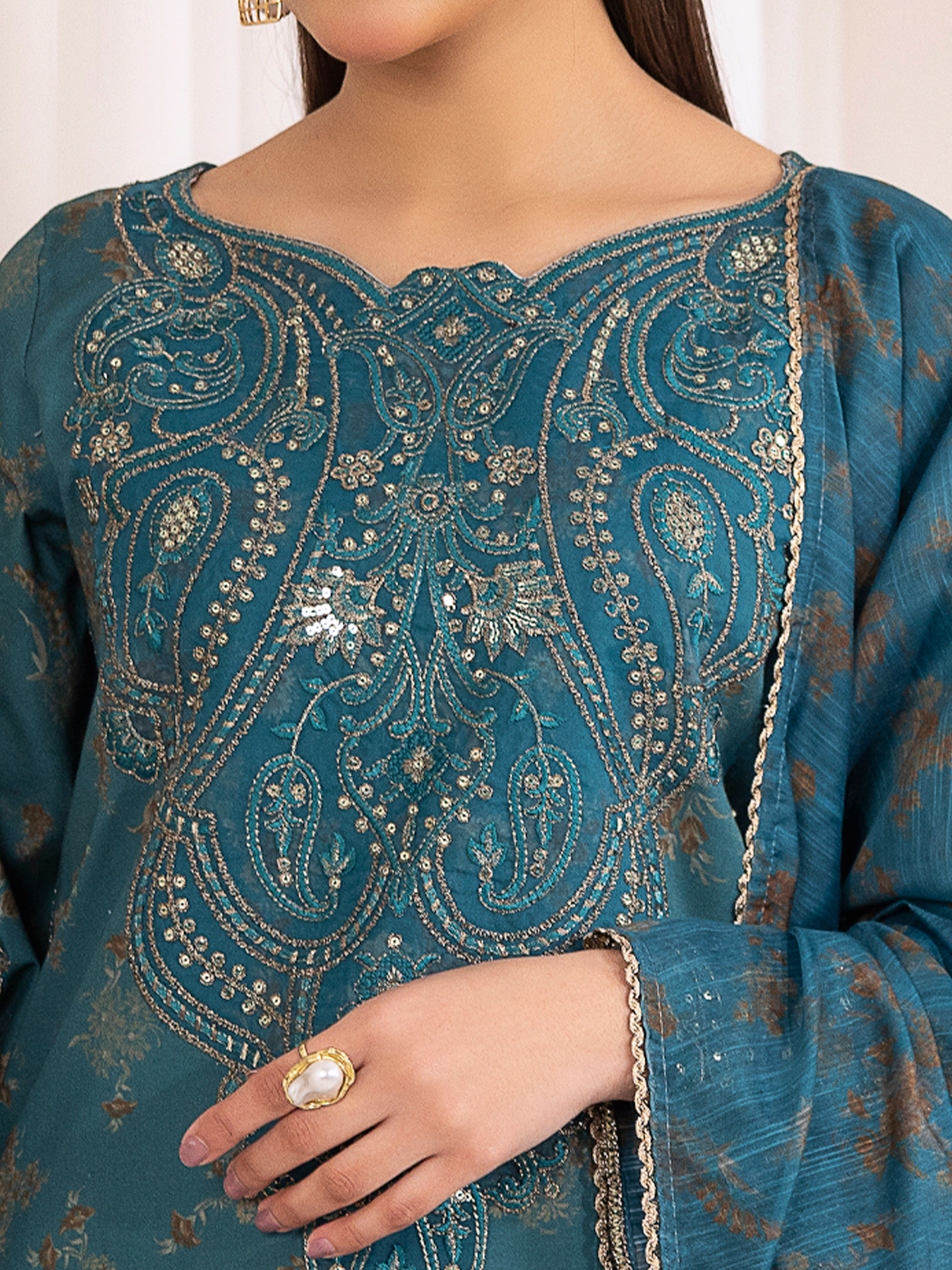 Pakistani Teal Embroidered Cotton Salwar Kameez (3-Piece) - Image 10