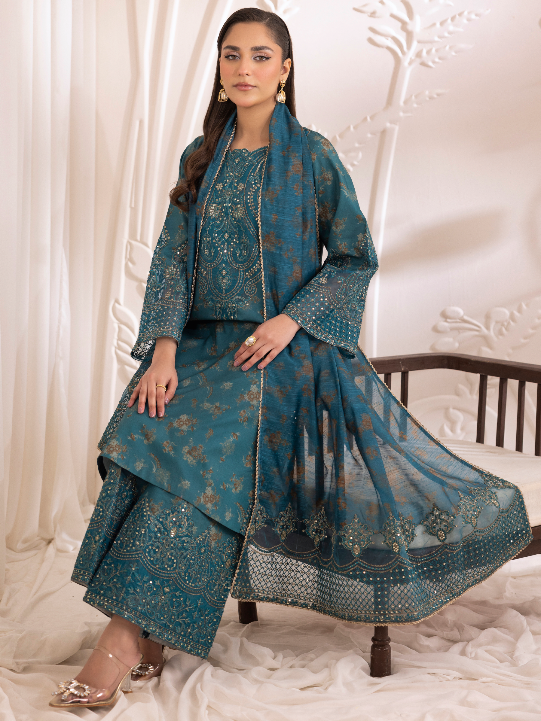 Pakistani Teal Embroidered Cotton Salwar Kameez (3-Piece) - Image 11