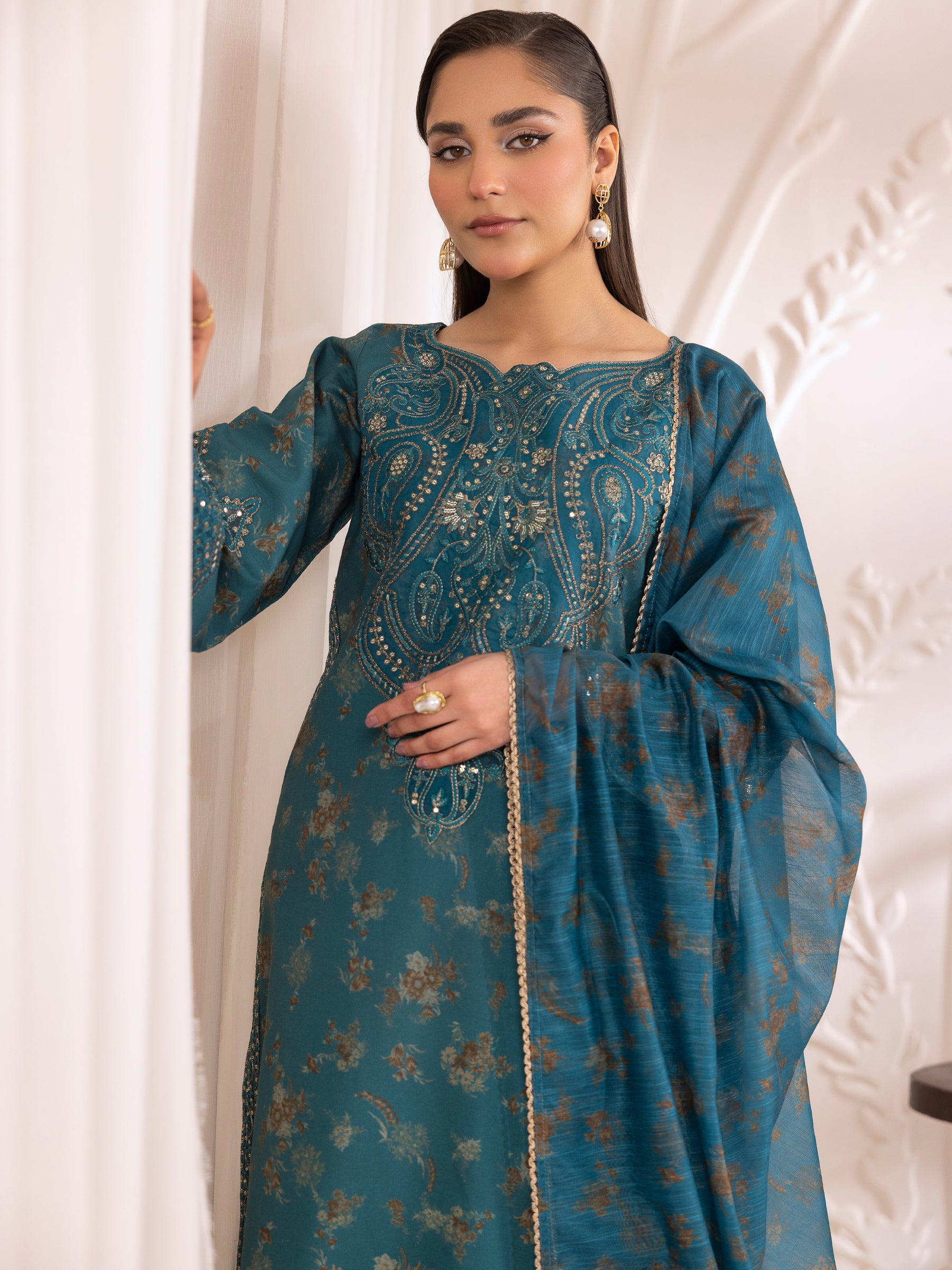 Pakistani Teal Embroidered Cotton Salwar Kameez (3-Piece) - Image 2