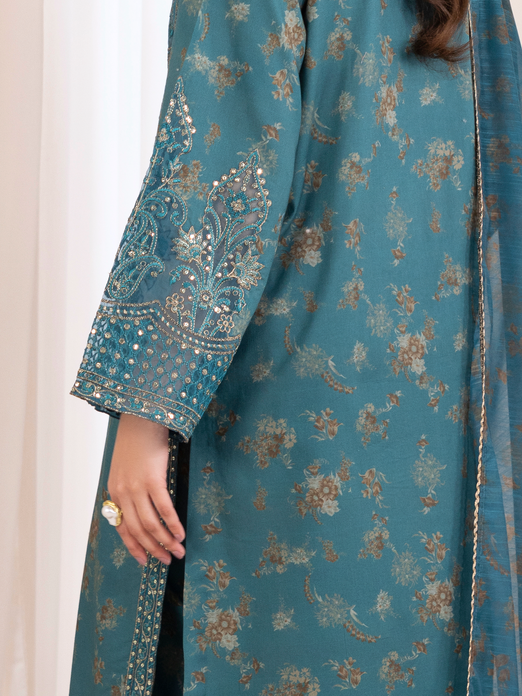 Pakistani Teal Embroidered Cotton Salwar Kameez (3-Piece) - Image 3