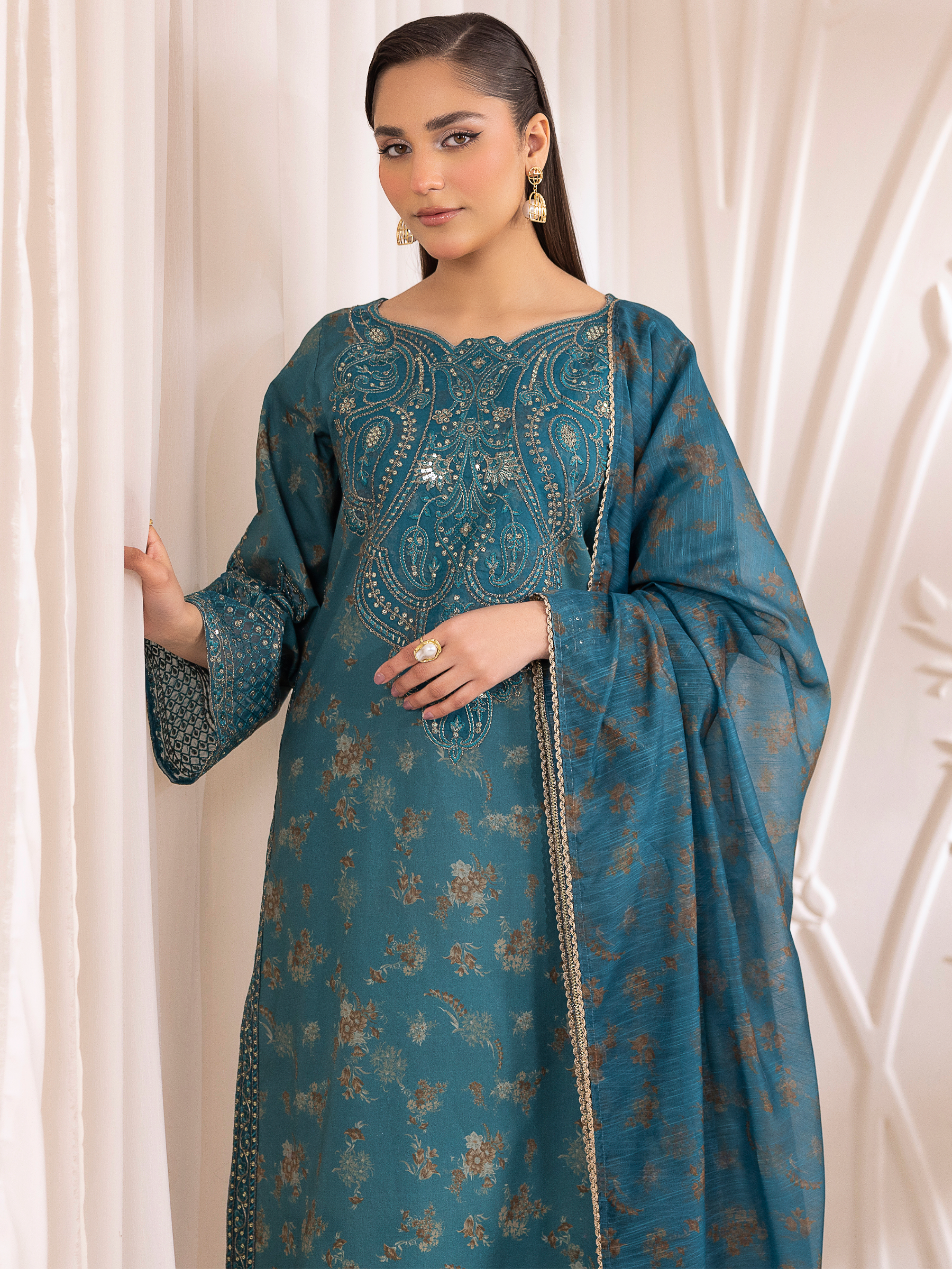 Pakistani Teal Embroidered Cotton Salwar Kameez (3-Piece) - Image 4