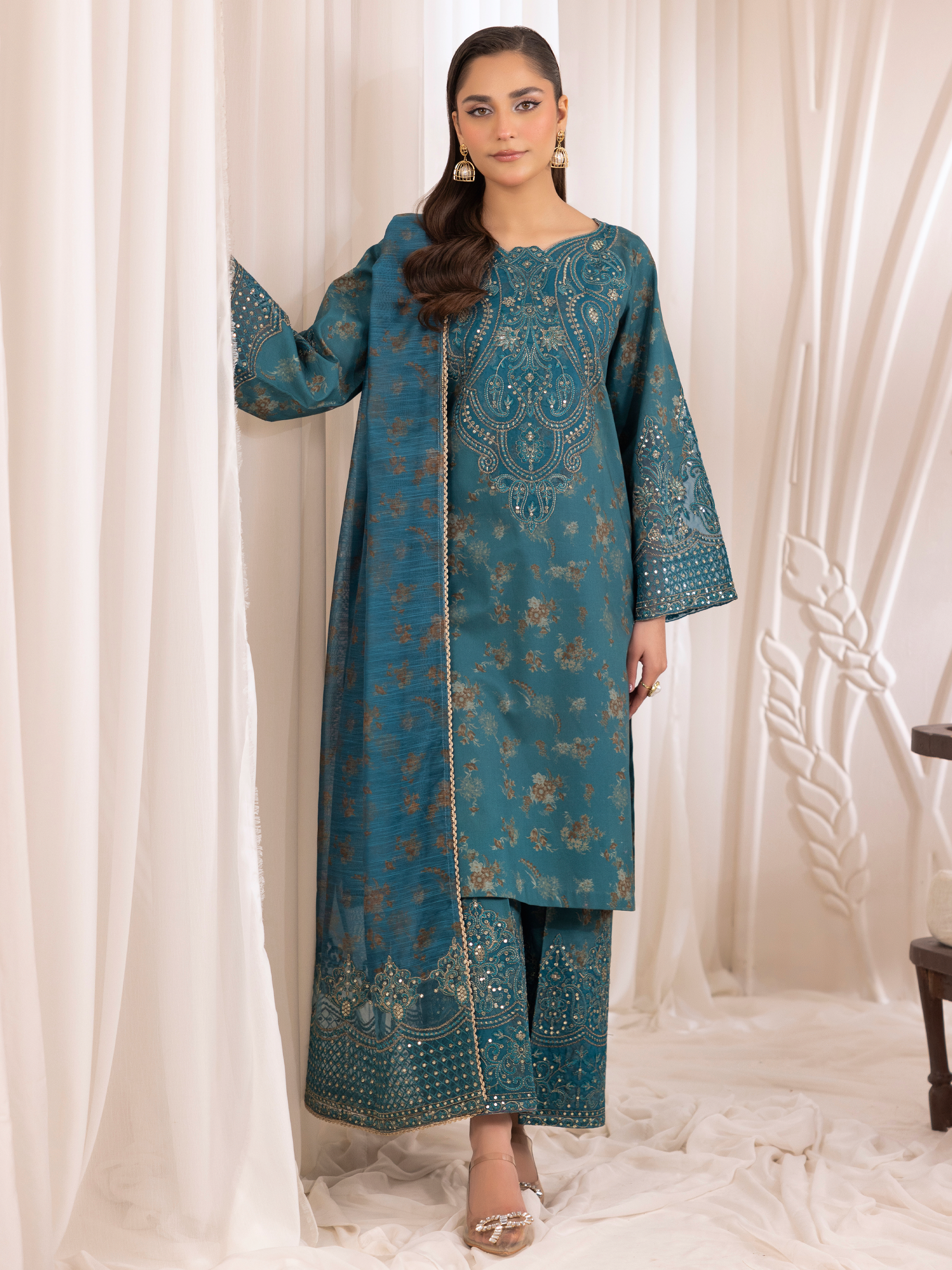 Pakistani Teal Embroidered Cotton Salwar Kameez (3-Piece) - Image 6