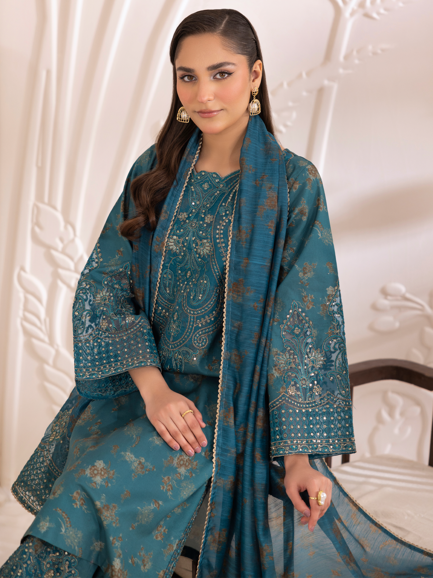 Pakistani Teal Embroidered Cotton Salwar Kameez (3-Piece) - Image 8