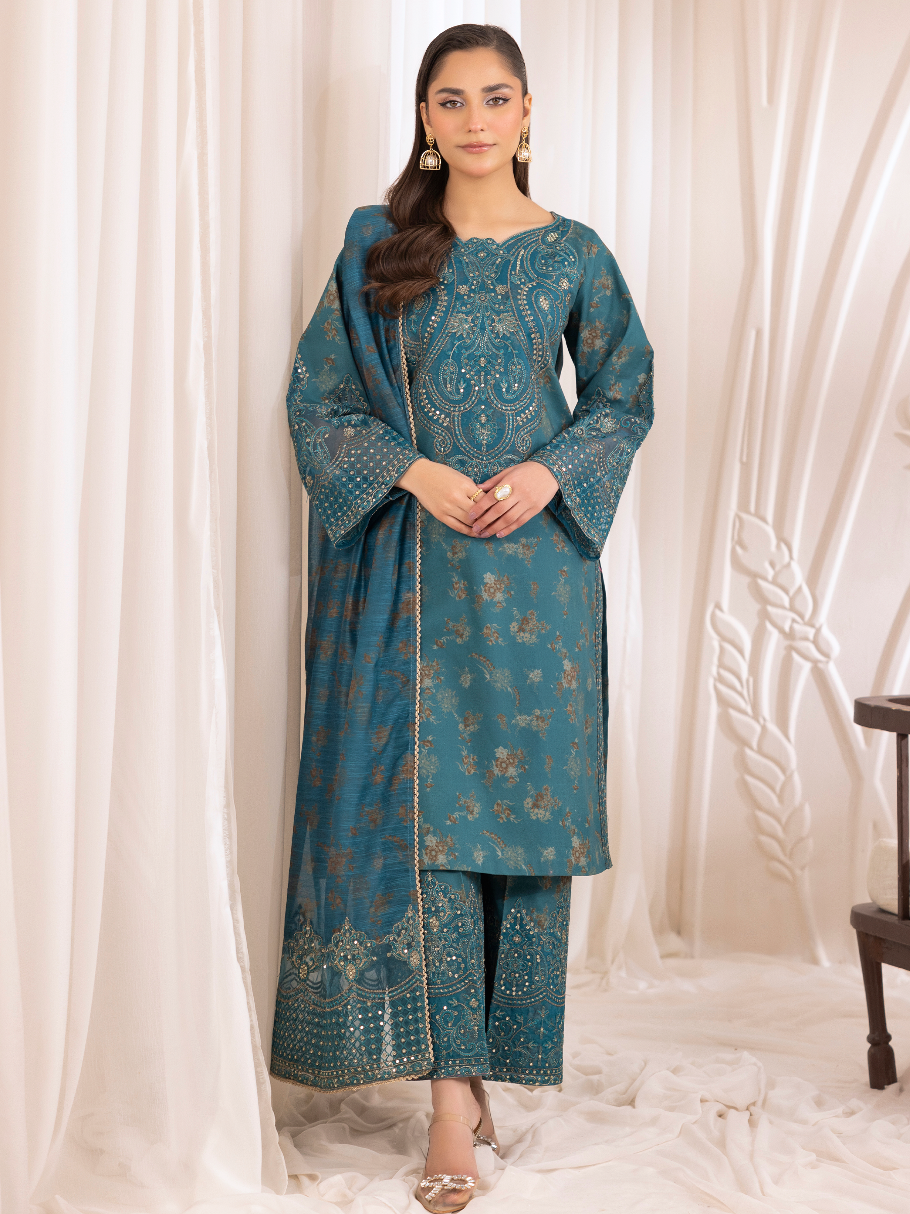Pakistani Teal Embroidered Cotton Salwar Kameez (3-Piece) - Image 9