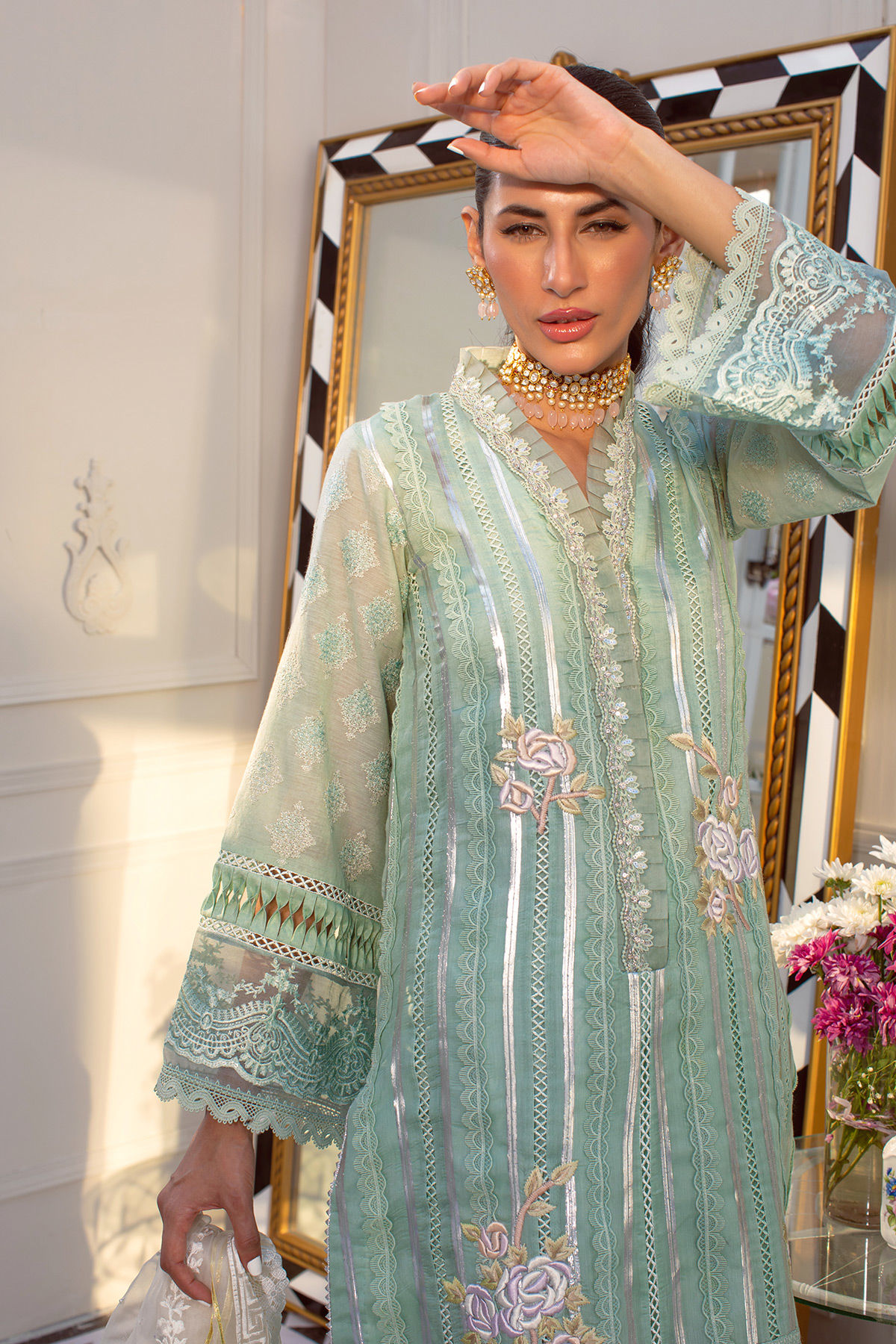 Pakistani Mint Embroidered Cotton Zari Salwar Kameez (3-Piece) - Image 3