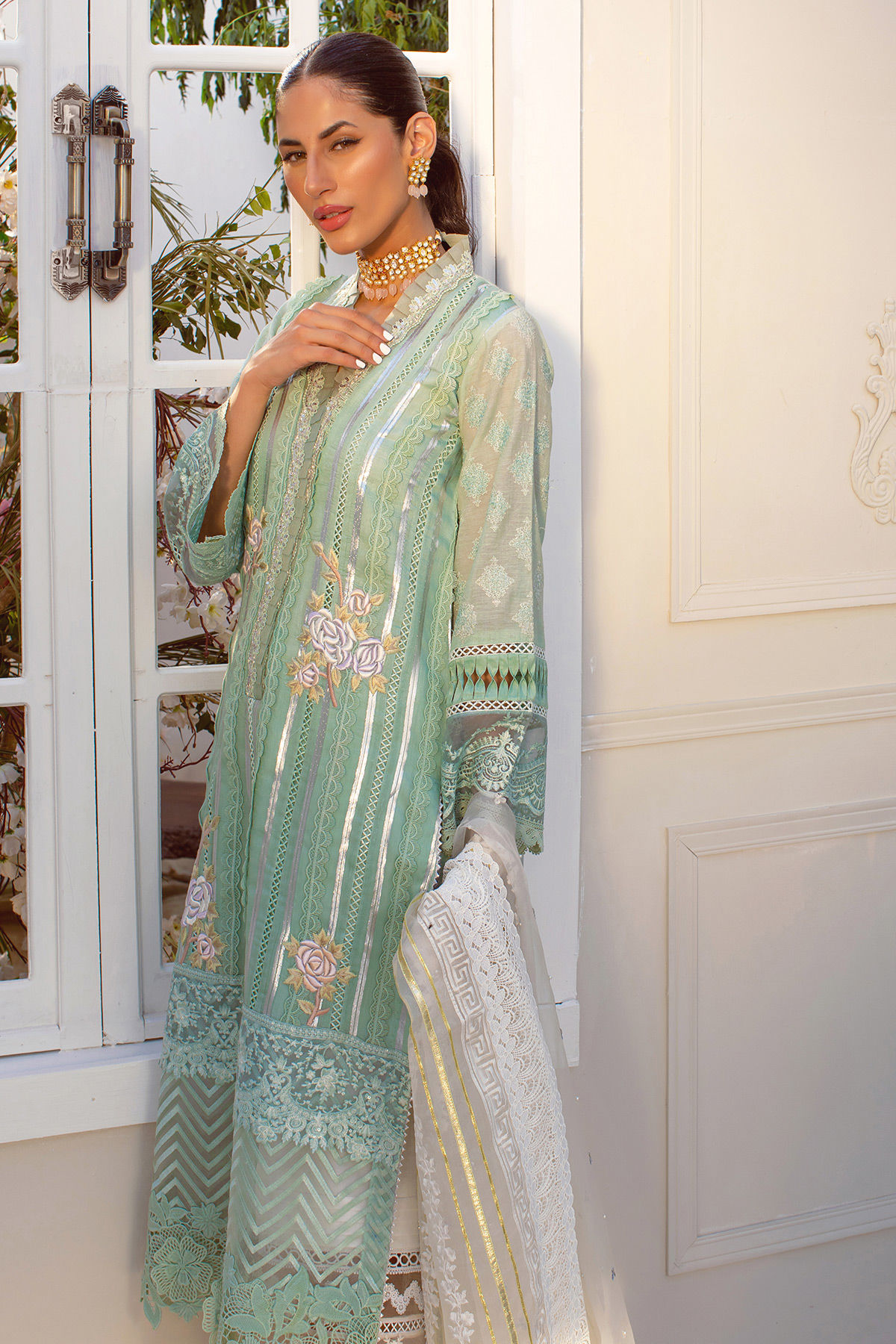 Pakistani Mint Embroidered Cotton Zari Salwar Kameez (3-Piece) - Image 4