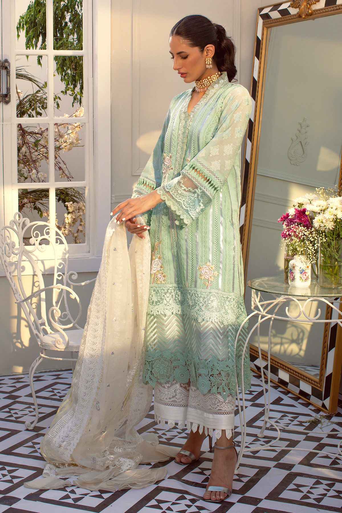 Pakistani Mint Embroidered Cotton Zari Salwar Kameez (3-Piece) - Image 5