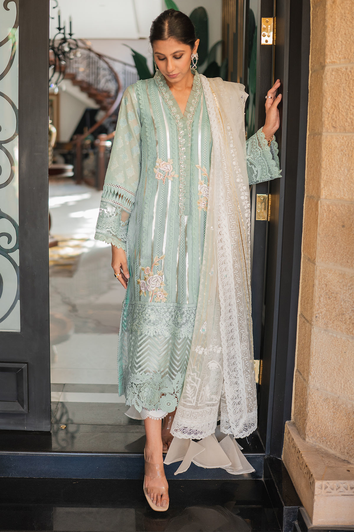 Pakistani Mint Embroidered Cotton Zari Salwar Kameez (3-Piece) - Image 7