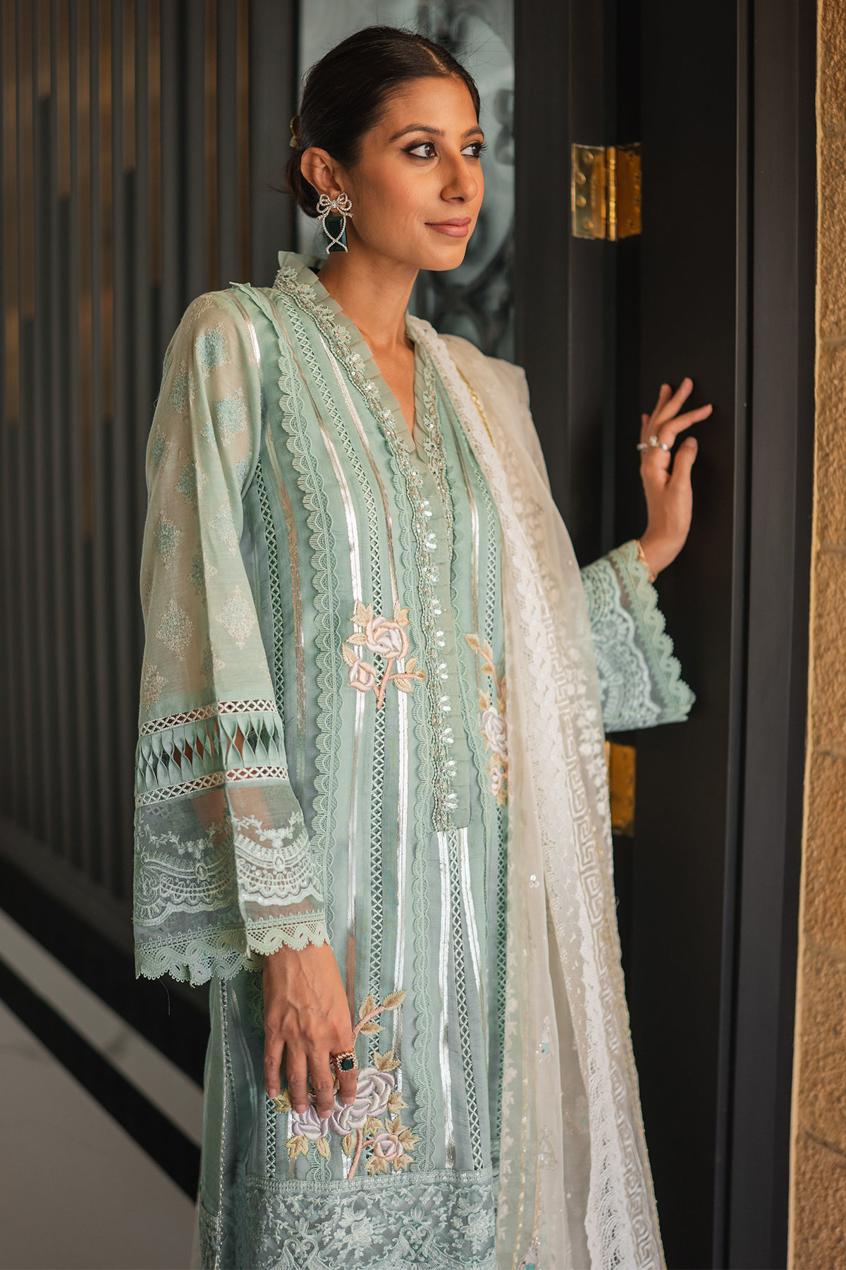 Pakistani Mint Embroidered Cotton Zari Salwar Kameez (3-Piece) - Image 8